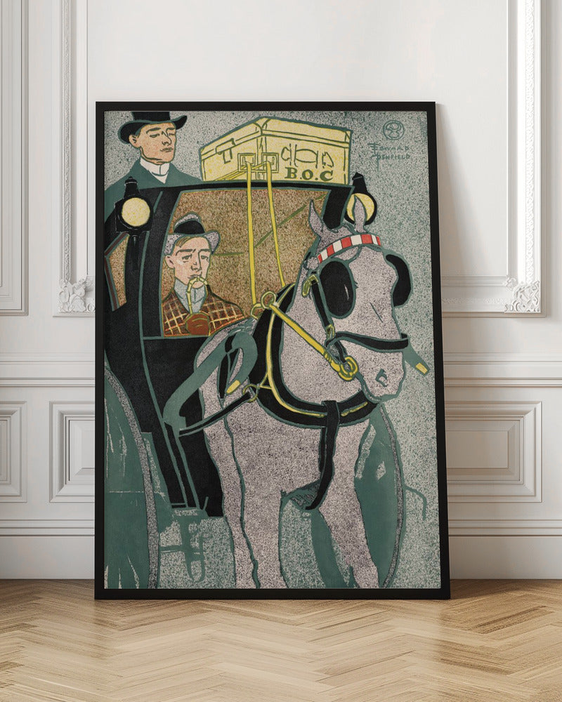 A vintage Art Nouveau style illustration by Edward Penfield depicting a horse-drawn carriage. A stippled gray horse in black and yellow harness is in the foreground, while a man in a plaid coat smokes a pipe inside the black carriage. Another man in a top hat stands on the carriage, with yellow luggage labeled 'B.O.C' on the roof. Poster