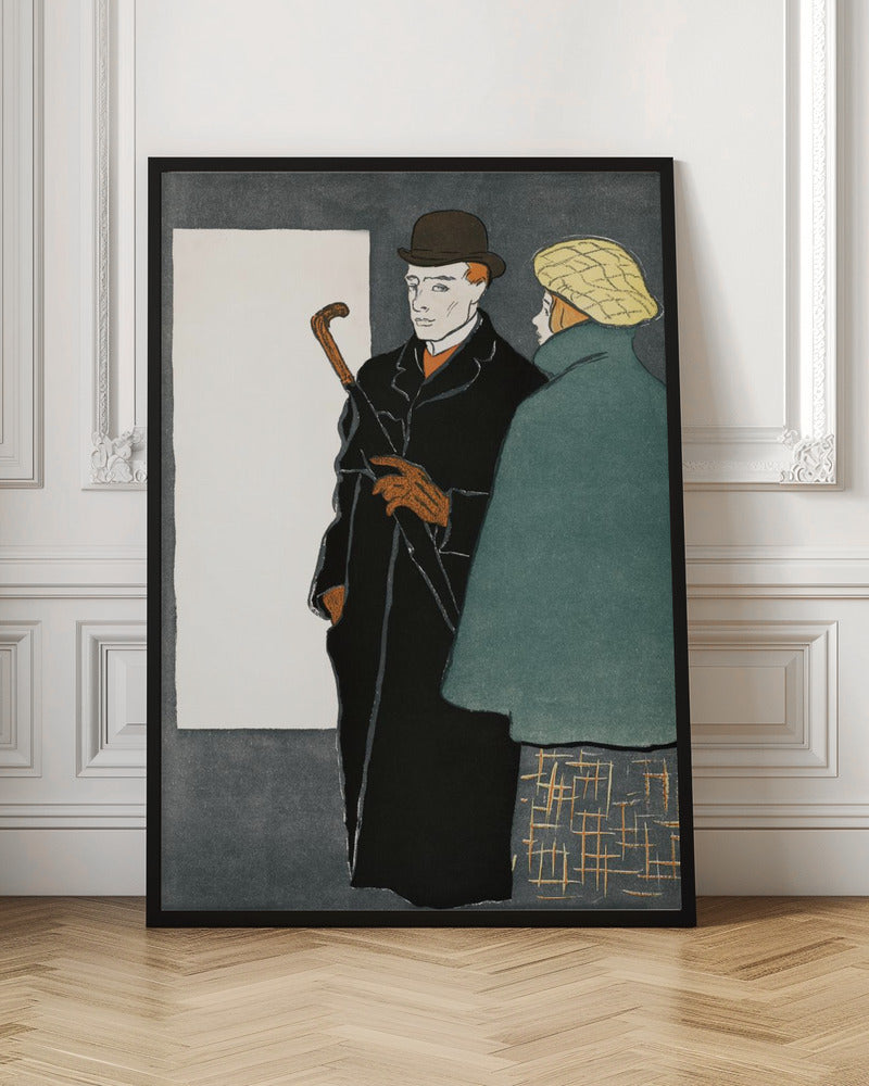 A vintage-style graphic illustration of a man and a woman. The man in the foreground wears a black overcoat, a brown bowler hat, and orange gloves while holding a closed umbrella. To his right, a woman is seen from behind, wearing a green coat and a yellow patterned cap. The background is a dark grey with a large white rectangle on the left. Wall Art