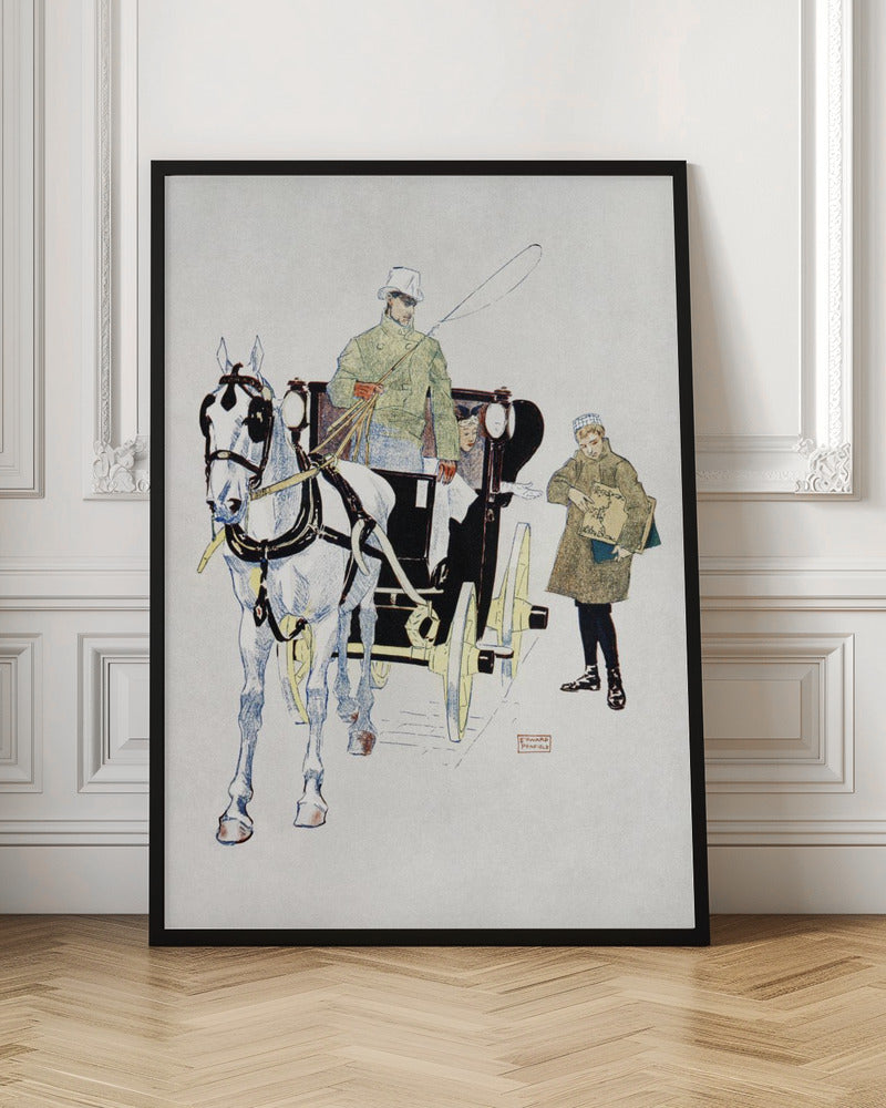 A vintage illustration by Edward Penfield of a white horse harnessed to a black carriage. A driver in a green coat and white top hat holds the reins, while a young boy in a coat stands beside them holding a large book or portfolio. Poster