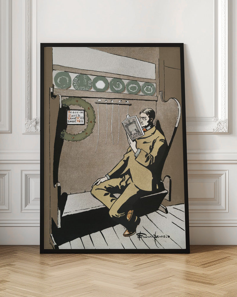 A vintage illustration by Edward Penfield showing a man in a tan suit and glasses relaxing in a high-backed chair while reading a book. A Christmas wreath with the message 'Peace on Earth GoodWill toward Men' hangs to his left, creating a quiet holiday scene. Artwork