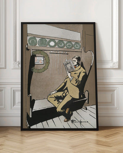 A vintage illustration by Edward Penfield showing a man in a tan suit and glasses relaxing in a high-backed chair while reading a book. A Christmas wreath with the message 'Peace on Earth GoodWill toward Men' hangs to his left, creating a quiet holiday scene. Artwork