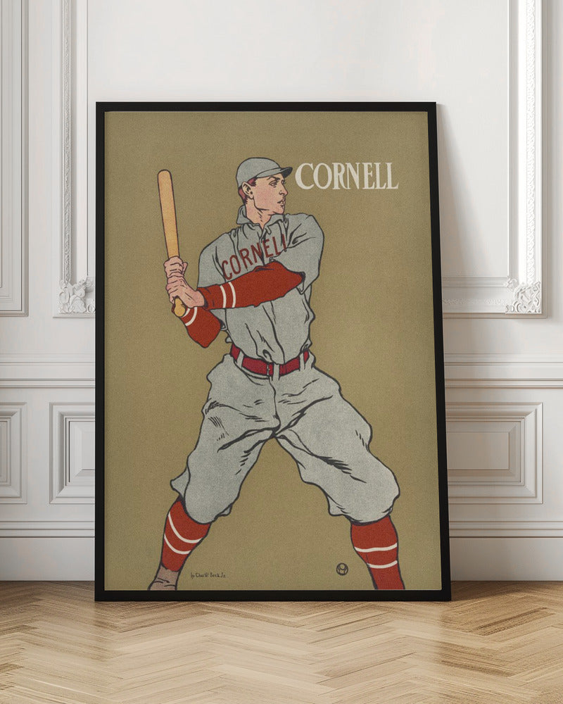 A vintage-style poster of a Cornell University baseball player at bat. The player is illustrated in a grey uniform with red sleeves and socks, holding a bat and ready to swing, against a solid tan background. The word 'CORNELL' is written in the top right and across the player's chest. Print