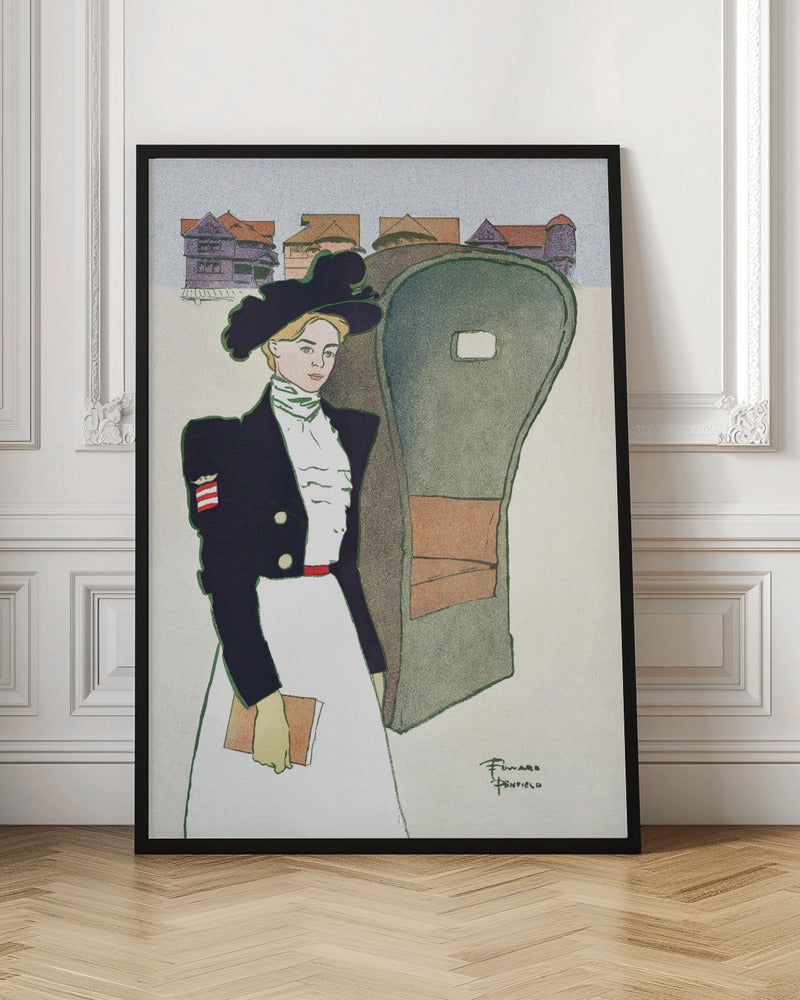 An Art Nouveau illustration by Edward Penfield depicting a stylish woman in a large black hat, a dark navy jacket with an American flag patch, and a long white skirt. She holds a book and stands next to a carriage, with stylized houses in the background. Artwork
