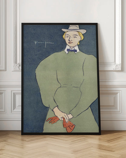 A vintage illustration by Edward Penfield of a woman with short blonde hair wearing a grey fedora hat, a high-collared green dress with large puff sleeves, a white collar, and a blue bowtie. She holds a pair of red gloves against a solid dark blue background. Decor