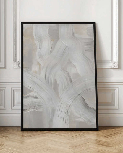 Abstract painting with interwoven, thick white and gray brushstrokes on a light neutral background. Modern minimalist wall art.