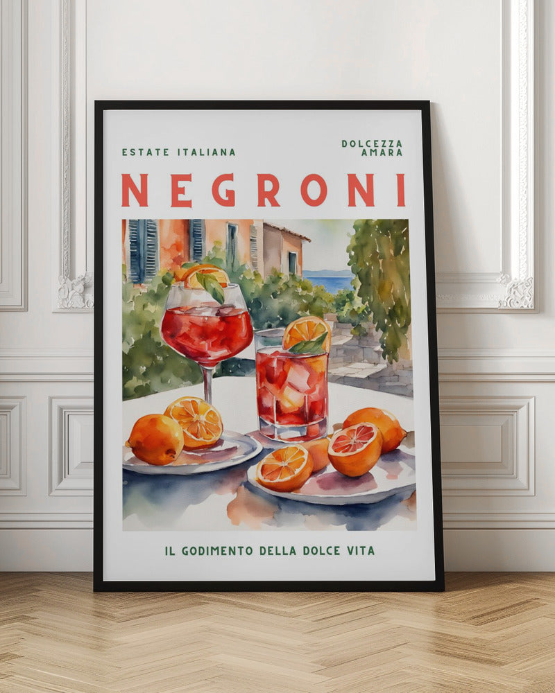 A vintage-style poster for a Negroni cocktail with the words 'Estate Italiana' and 'Negroni' at the top. The poster features a watercolor illustration of two glasses of Negroni on a white table with fresh oranges, set against a sunny Italian coastal backdrop with a villa and the sea. At the bottom, it reads 'Il Godimento Della Dolce Vita'. Artwork