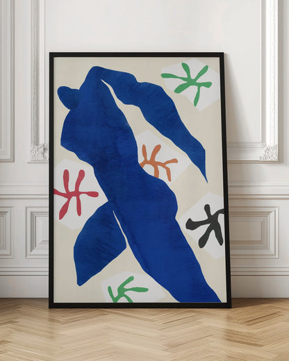 A framed abstract artwork by Henri Matisse featuring a large, solid blue cut-out figure in a dynamic pose against a cream background. Surrounding the figure are smaller, colorful, stylized floral or star-like shapes in red, green, orange, and black. Decor