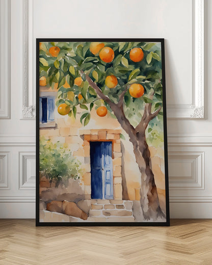 A watercolor painting of a sunlit stone cottage featuring a vibrant blue door, with a large, leafy orange tree full of ripe fruit in the foreground. Wall Art