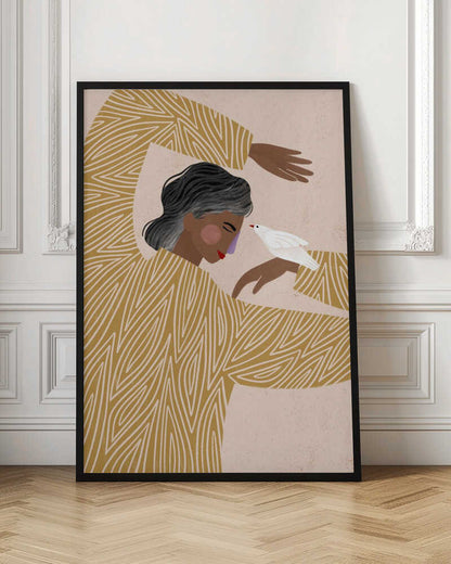 An illustration of a person with dark skin and grey-streaked hair wearing a mustard yellow patterned shirt. They are in a gentle pose, with a small white bird perched on their hand, touching its beak to their nose against a soft pink background. Decor