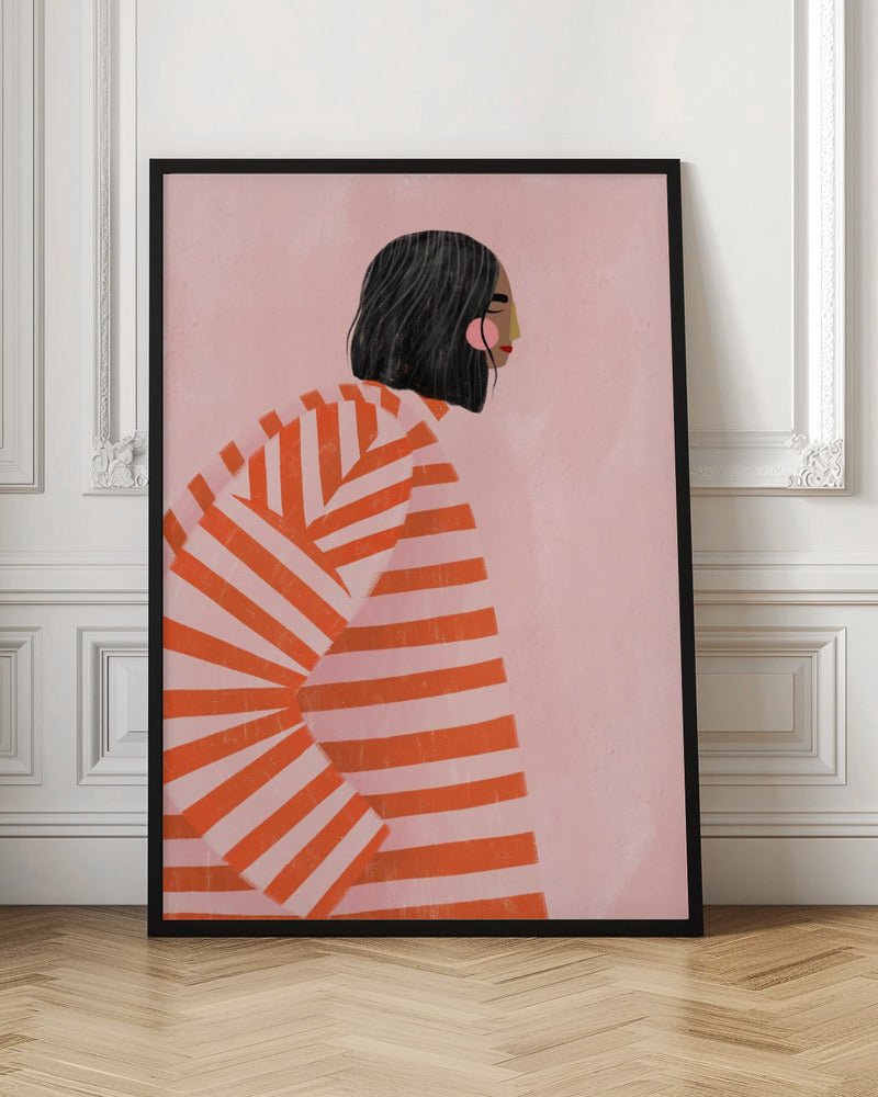 A modern illustration of a woman with short black hair in profile, wearing an oversized sweater with bold orange and light pink horizontal stripes, set against a solid pink background. Artwork