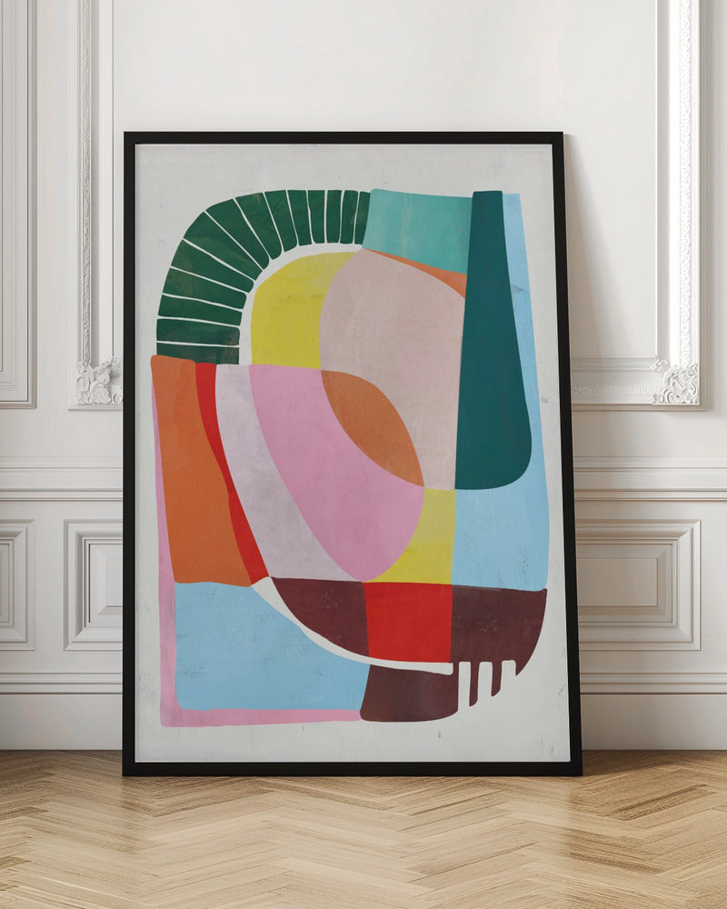 A modern abstract artwork in a black frame, featuring a colorful collage of geometric and curved shapes. Prominent elements include a dark green segmented arch, a yellow semi-circle, and large overlapping forms in shades of pink, blue, orange, and brown against a white background. Poster