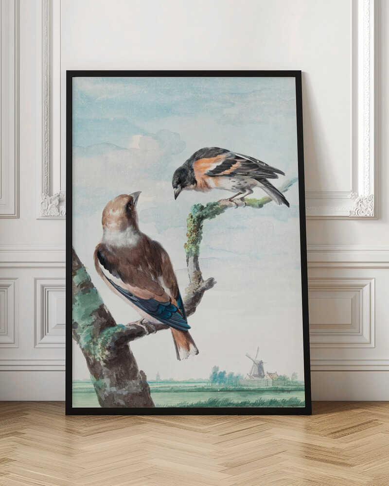 A vintage watercolor painting of two birds perched on branches against a soft blue sky. In the foreground, a Hawfinch with brown and blue feathers sits on a thick branch, while a Brambling with orange, black, and white plumage perches above. A classic Dutch landscape with a windmill is visible in the distant background. Wall Art