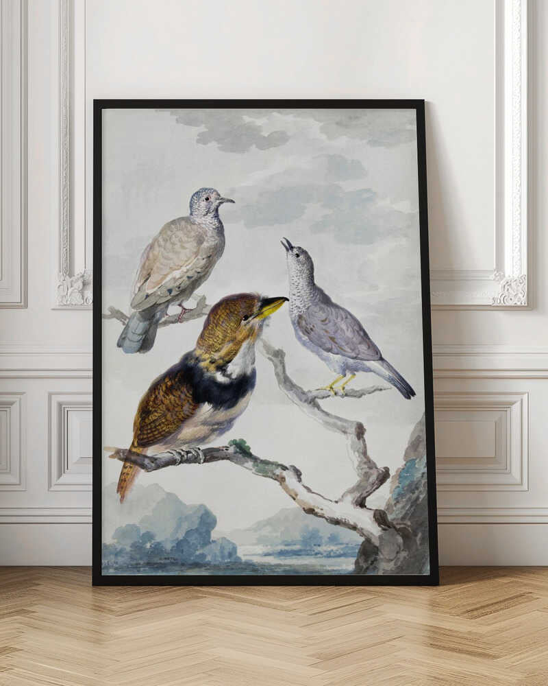 A vintage watercolor illustration of three different birds resting on a tree branch. One is a light brown and grey dove, another is a small grey bird looking upwards with its beak open, and the third is a more colorful bird with brown, gold, and black plumage and a yellow beak. The background is a soft, cloudy sky above a distant blue mountain range. Wall Art