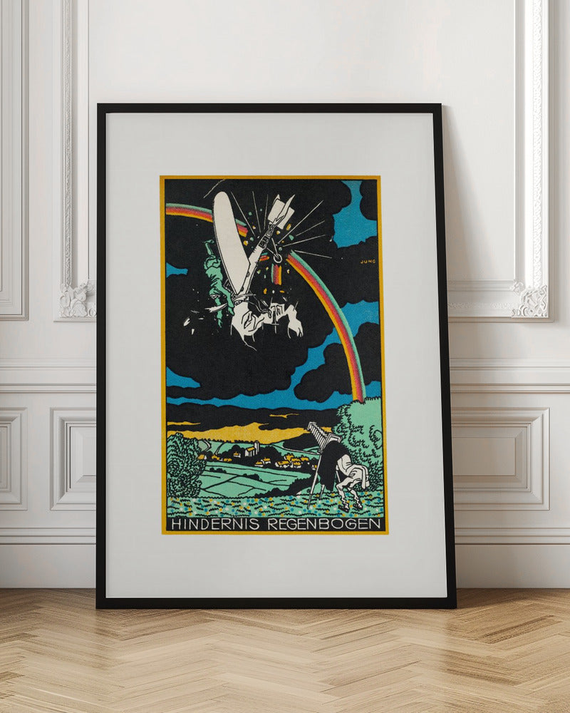 A vintage German Expressionist style print by Jung titled 'Hindernis Regenbogen'. The image features a surreal scene with a crashing white flying machine against a black sky, bisected by a vibrant rainbow. Below is a pastoral landscape with green fields and a village, where another figure is stumbling. Artwork
