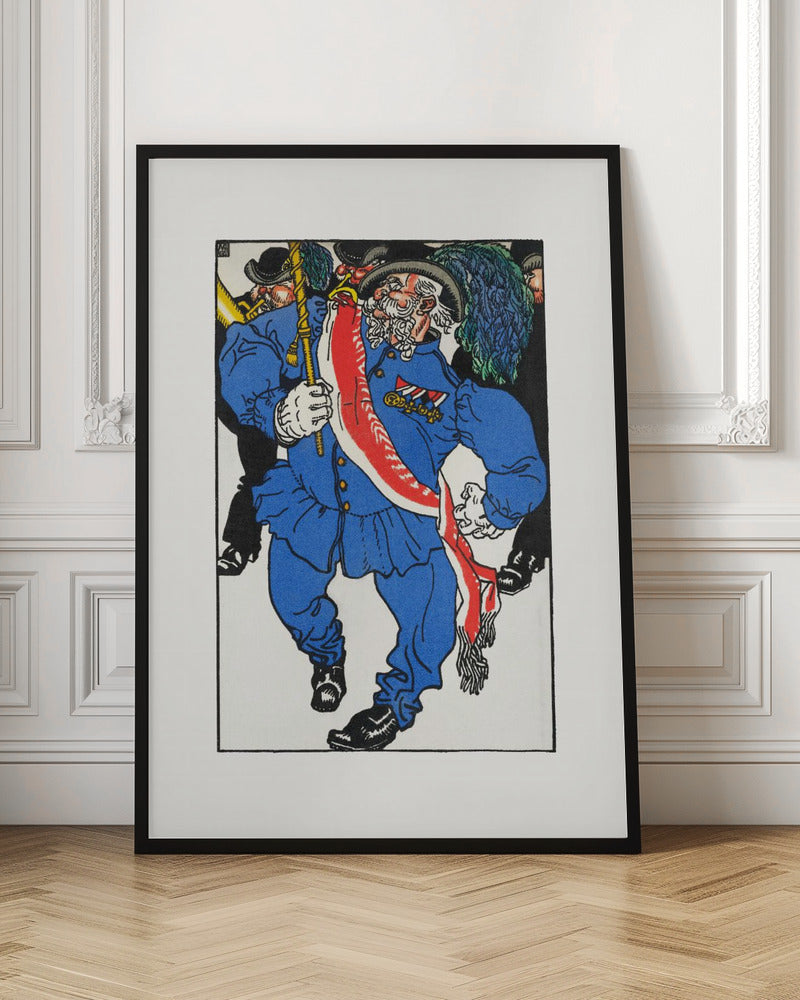 A colorful vintage illustration of an older man with a white beard and mustache marching in a parade. He wears a bright blue uniform, a plumed hat, medals, and a red and white sash, while carrying a staff. Other figures in black are in the background. Poster