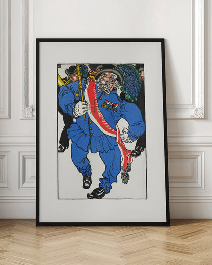 A colorful vintage illustration of an older man with a white beard and mustache marching in a parade. He wears a bright blue uniform, a plumed hat, medals, and a red and white sash, while carrying a staff. Other figures in black are in the background. Poster