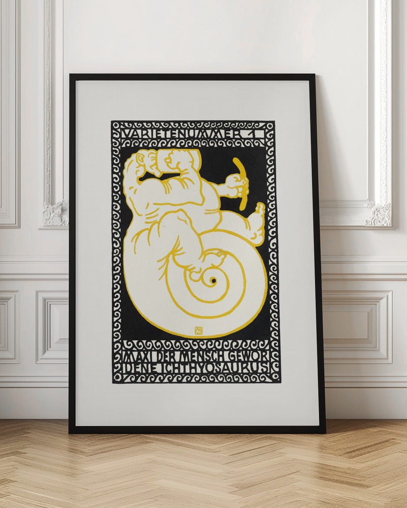 A vintage German poster in a graphic woodcut style, featuring a mythical creature that is half-man, half-ichthyosaurus with a coiled tail. The figure is rendered in cream with yellow outlines against a solid black background, enclosed by a decorative black and white border. Stylized German text appears at the top and bottom of the artwork. Print