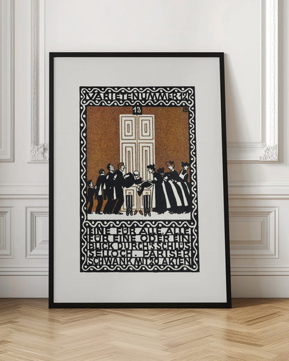 A vintage German Art Nouveau poster with a decorative black and white border. The central illustration, on a stippled brown background, depicts a stylized scene of men and women in formal attire in front of a large white door. German text is integrated into the design at the top and bottom. Decor