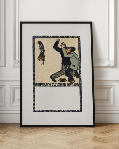A vintage German art print in a woodcut style titled 'Gespraech zwischen Rivalen', depicting two men fighting while a woman stands watching. The scene is rendered in black, beige, gray, and orange against a cream-colored background, all enclosed within a patterned border and a black frame. Decor