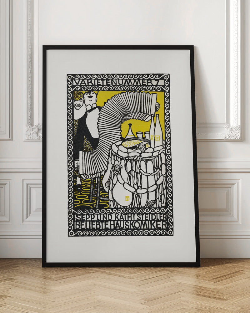 A vintage German woodcut-style poster in black, white, and yellow. It depicts two performers, a man playing a large accordion and a woman smiling behind him. A table with food and drinks is to the right. The artwork is framed by an ornate border with German text at the top and bottom. Artwork