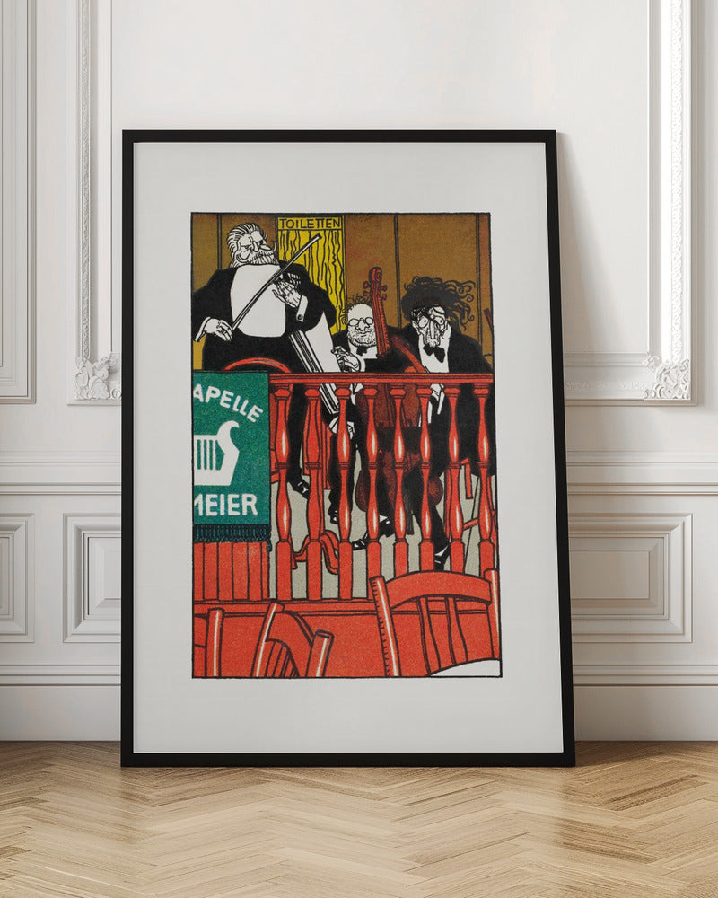 A vintage German poster featuring a caricature of a three-piece string band, 'Kapelle Meier,' performing on a balcony behind a bright red railing. The musicians are dressed in black formal wear against a golden-brown background, with a green sign on the left. Decor
