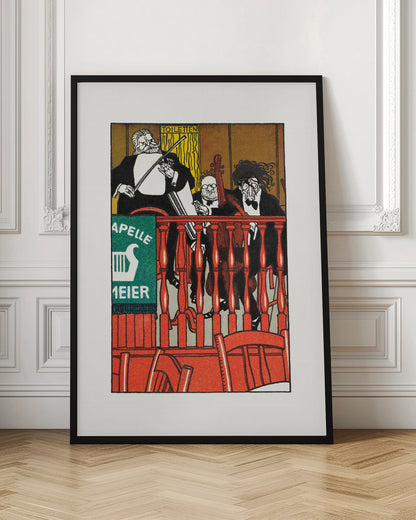 A vintage German poster featuring a caricature of a three-piece string band, 'Kapelle Meier,' performing on a balcony behind a bright red railing. The musicians are dressed in black formal wear against a golden-brown background, with a green sign on the left. Decor