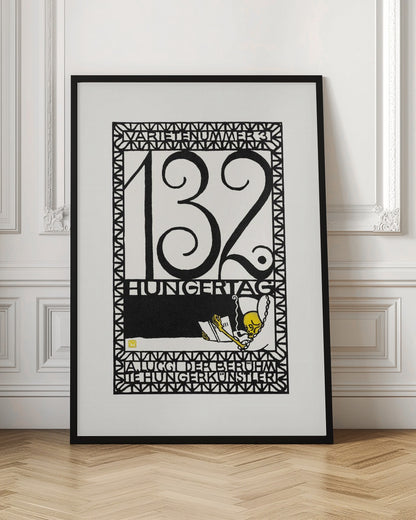 A framed vintage German art print in a graphic, woodcut style. The piece is primarily black and white with a yellow accent, featuring the large number '132' and German text like 'HUNGERTAG'. A small yellow skeleton figure is depicted reading a book and smoking a pipe, all enclosed within a geometric border. Wall Art