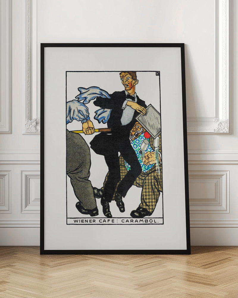 A vintage illustration titled 'Wiener Cafe: Carambol', showing a chaotic scene in a cafe. A waiter in a tuxedo looks shocked as he collides with other patrons, one holding a cue stick, causing him to drop his tray and spill drinks. Print