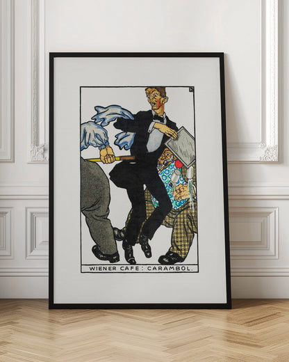 A vintage illustration titled 'Wiener Cafe: Carambol', showing a chaotic scene in a cafe. A waiter in a tuxedo looks shocked as he collides with other patrons, one holding a cue stick, causing him to drop his tray and spill drinks. Print