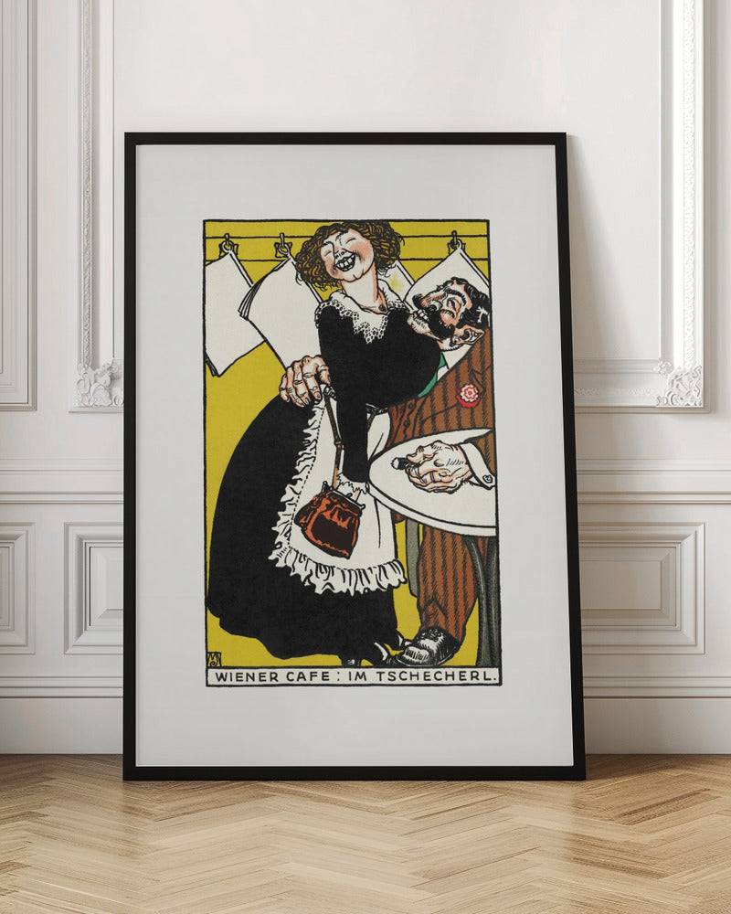 A vintage Viennese illustration depicting a jovial, laughing waitress in a black dress and white apron playfully embracing a surprised, bearded man in a brown suit. The scene is set against a vibrant yellow background with hanging papers and text at the bottom reading 'WIENER CAFE: IM TSCHECHERL.' Poster