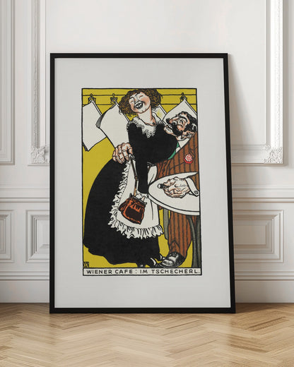 A vintage Viennese illustration depicting a jovial, laughing waitress in a black dress and white apron playfully embracing a surprised, bearded man in a brown suit. The scene is set against a vibrant yellow background with hanging papers and text at the bottom reading 'WIENER CAFE: IM TSCHECHERL.' Poster