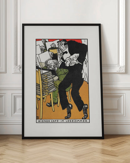 A vintage expressionist illustration titled 'Wiener Cafe: Im Lesezimmer.' The artwork depicts a man in a black suit with a nervous expression tiptoeing through a crowded Viennese cafe reading room. Other patrons are seen absorbed in their newspapers in the background, surrounded by stacks of papers. Poster