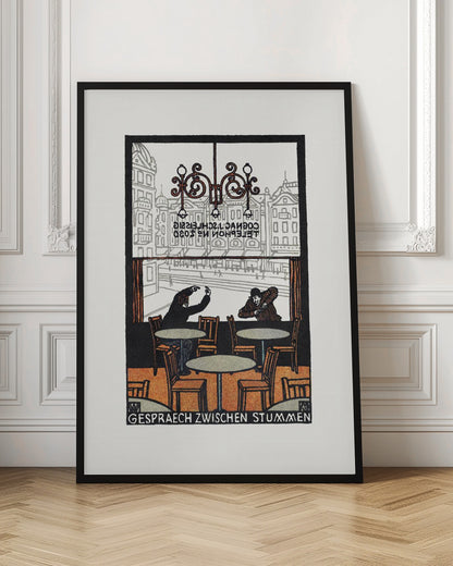 A framed vintage woodcut-style print titled 'Gespraech Zwischen Stummen', depicting the interior of a cafe. Two men sit at separate tables, communicating with exaggerated hand gestures. Through the large window behind them, a city scene with buildings is visible. Print