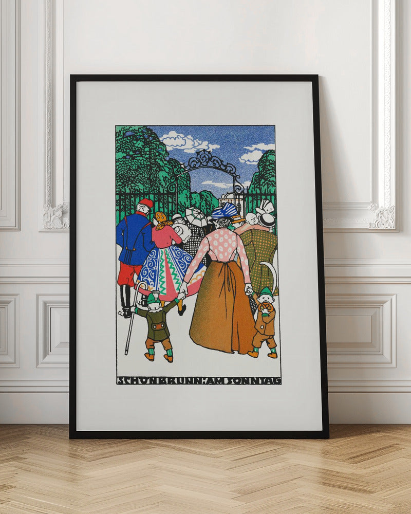 A vintage illustration titled 'Schonbrunn am Sonntag' depicting a crowd of people in colorful, early 20th-century attire entering a park through an ornate iron gate. A woman in the center holds the hands of two children, all walking towards the green trees under a blue sky. Decor