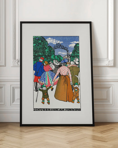 A vintage illustration titled 'Schonbrunn am Sonntag' depicting a crowd of people in colorful, early 20th-century attire entering a park through an ornate iron gate. A woman in the center holds the hands of two children, all walking towards the green trees under a blue sky. Decor