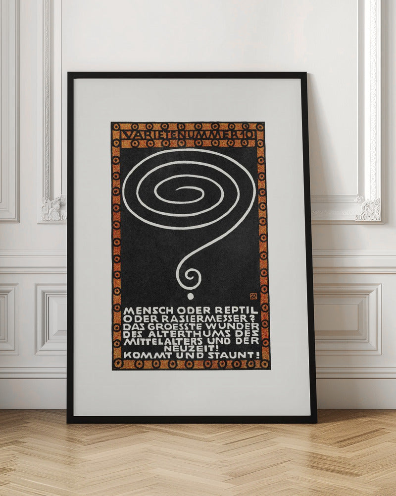 A vintage German poster with a black background, framed by a decorative orange and black border. In the center is a large, hand-drawn white spiral that tapers into a question mark. At the top, the words 'VARIETENUMMER 101' are displayed. Below the spiral, there is a block of white text in German. Wall Art