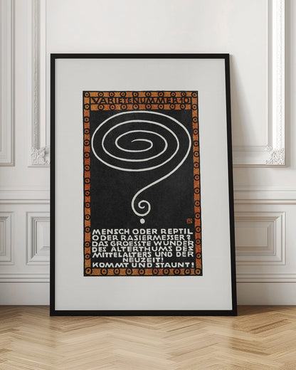 A vintage German poster with a black background, framed by a decorative orange and black border. In the center is a large, hand-drawn white spiral that tapers into a question mark. At the top, the words 'VARIETENUMMER 101' are displayed. Below the spiral, there is a block of white text in German. Wall Art