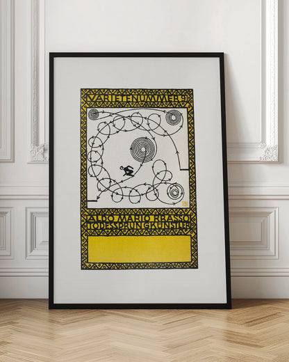 A framed vintage German poster with a yellow and black geometric border. The center features a white background with a black silhouette of a performer navigating a complex, looping path marked with arrows, alongside spiral patterns. Stylized German text appears at the top and bottom. Poster
