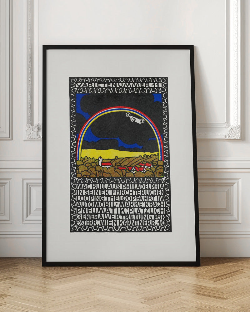 A vintage Art Nouveau style poster featuring a white race car driving along a rainbow arch. Below the rainbow is a stylized landscape of golden hills and red-roofed houses under a dark sky. The artwork is framed by a decorative border and includes large blocks of stylized text. Print