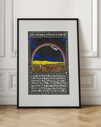 A vintage Art Nouveau style poster featuring a white race car driving along a rainbow arch. Below the rainbow is a stylized landscape of golden hills and red-roofed houses under a dark sky. The artwork is framed by a decorative border and includes large blocks of stylized text. Print