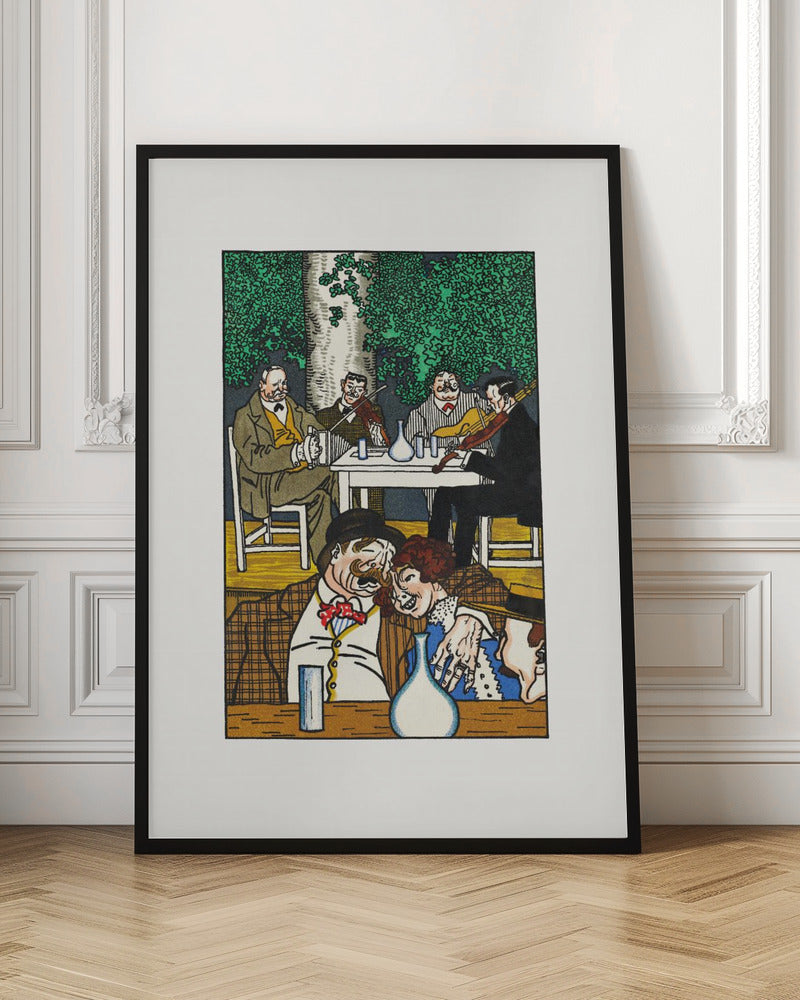 A colorful vintage illustration depicting two lively scenes. In the foreground, a mustached man and a woman are cozied up at a table. In the background, a group of four men sit under a leafy green tree, two of whom are playing violins. The artwork has a graphic, woodcut style and is framed in black. Artwork