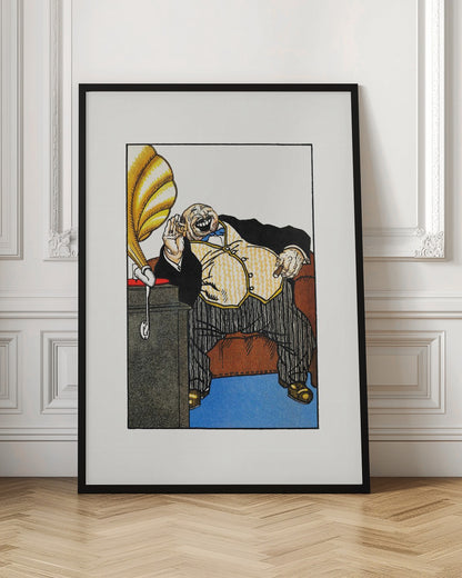 A vintage cartoon illustration of a large, wealthy man in a tuxedo laughing heartily while sitting in a brown armchair. He holds a cigar in one hand and cups his other hand to his ear, listening to a golden gramophone next to him. The artwork is framed in black with a wide white mat. Print