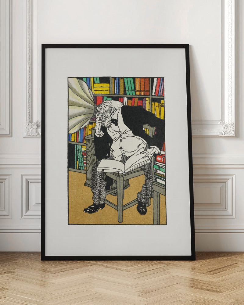 A vintage color illustration of an elderly, bearded scholar in a black suit sitting in his library, surrounded by bookshelves. He is hunched over a book, deep in thought, while a large gramophone horn is pointed directly at his ear. Print