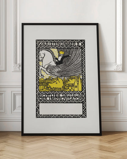A vintage German art print in a black, white, and yellow woodcut style. It depicts a crowned figure riding a white winged horse, or Pegasus, over a lavish yellow feast. The image is framed by a decorative border and includes German text reading 'VARIETENUMMER 8' and 'GOTTLIEB SAUSELINI DER IMPROVISATOR'. Print