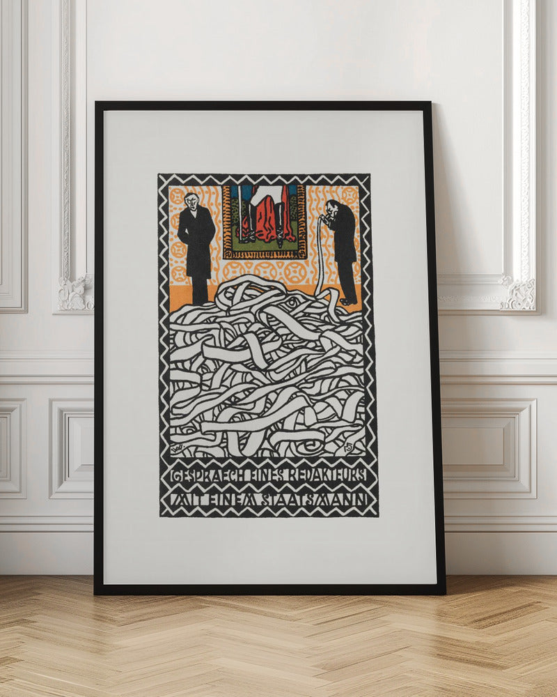 A vintage expressionist woodcut print titled 'Gespräch eines Redakteurs mit einem Staatsmann'. The artwork features two men in black suits standing on either side of a massive, tangled pile of white ticker tape. The man on the right appears to be consuming the tape. Above them is a small, colorful panel depicting a figure in red. The piece is characterized by bold black lines, an orange patterned background, and stylized German text at the bottom. Artwork