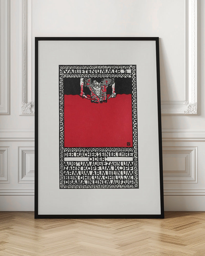 A vintage German expressionist poster by Moriz Jung titled 'Varietenummer 5'. The piece features a bold graphic style with stark red, black, and white colors, a tormented figure, and German typography enclosed in an intricate decorative border, all within a black frame. Decor