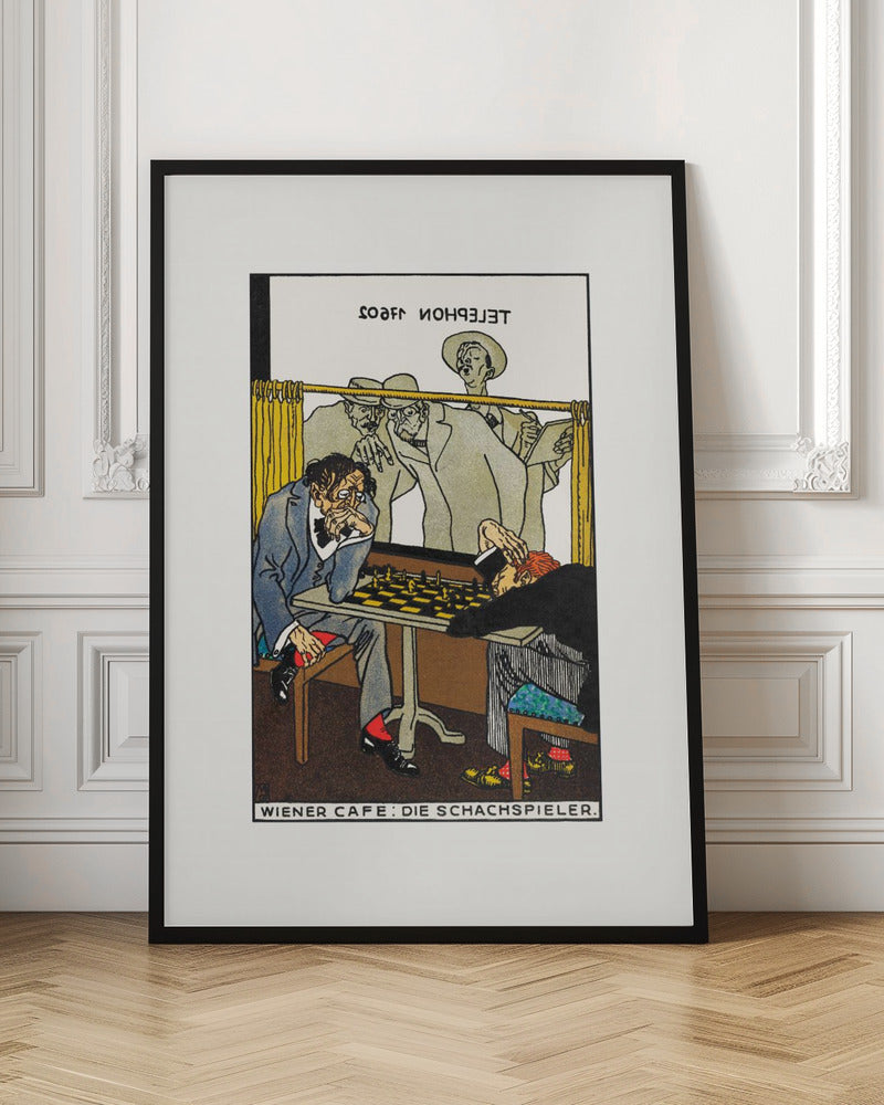 A vintage art poster titled 'WIENER CAFE: DIE SCHACHSPIELER' depicting a tense chess match. One player with disheveled hair intensely studies the board, while his opponent has slumped over in defeat. Onlookers watch the game from behind a yellow curtain. Wall Art