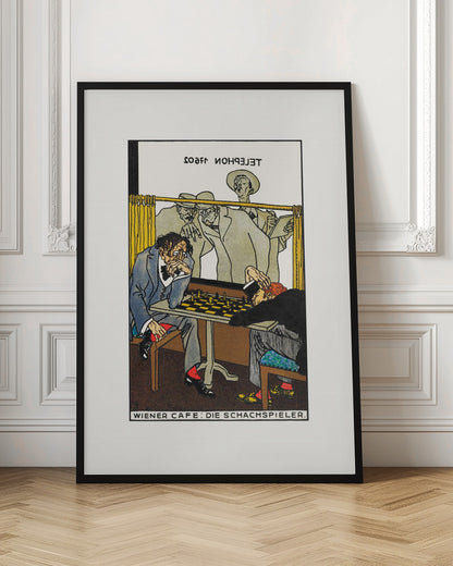 A vintage art poster titled 'WIENER CAFE: DIE SCHACHSPIELER' depicting a tense chess match. One player with disheveled hair intensely studies the board, while his opponent has slumped over in defeat. Onlookers watch the game from behind a yellow curtain. Wall Art