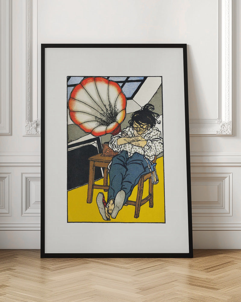 A Japanese woodblock-style print showing a person asleep in a chair next to a gramophone with a large, red and white, shell-shaped horn. The figure wears glasses, a patterned shirt, and blue trousers, and the room has a bright yellow floor. Wall Art