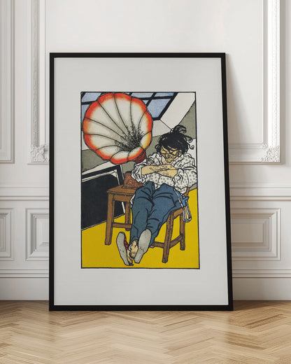 A Japanese woodblock-style print showing a person asleep in a chair next to a gramophone with a large, red and white, shell-shaped horn. The figure wears glasses, a patterned shirt, and blue trousers, and the room has a bright yellow floor. Wall Art